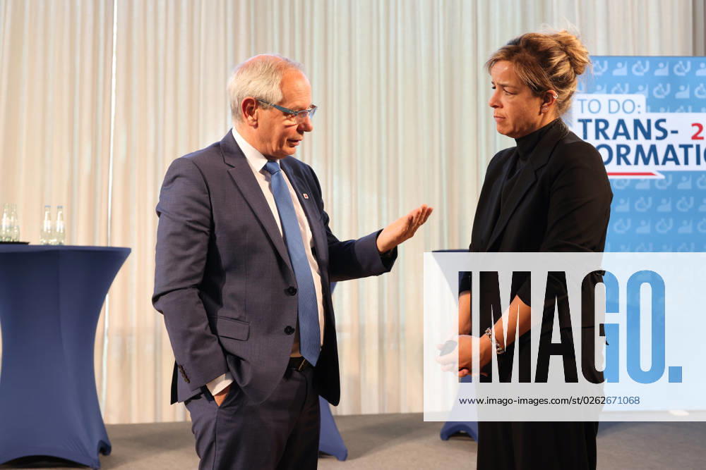 Vassiliiadis Neubauer and Habeck 04072023, Germany, Berlin, Rheinland Pfalz Landesvertretung, discussion event of the foundation of the trade union IGBCE, with Michael Vassiliadis IGBCE , Robert Habeck Minister für Wirtschaft, Mona Neubauer NRW Minister for Economic Affairs, here Mona Neubauer talking to the trade union IGBCE Vassiliadis Berlin Berlin Germany