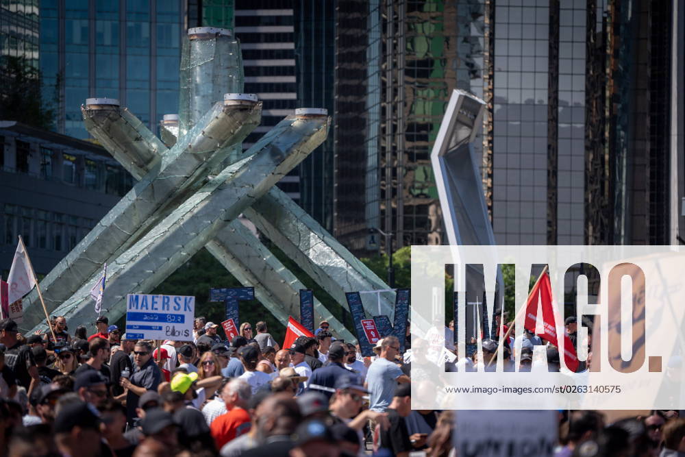 Striking port workers from the International Longshore and Warehouse Union Canada hold large letters while attending a rally in Vancouver, on Sunday, July 9, 2023. VANCOUVER CANADA - ZUMAc35_ 20230709_zaf_c35_036