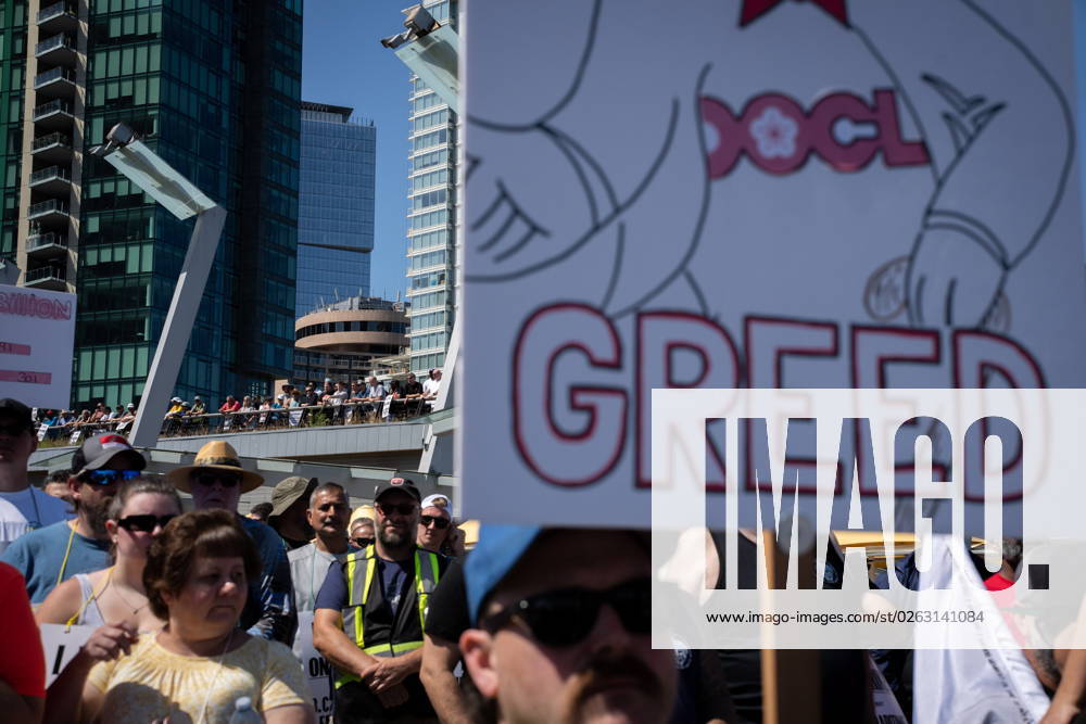 Striking port workers from the International Longshore and Warehouse Union Canada gather at Jack Poole Plaza while attending a rally in Vancouver, on Sunday, July 9, 2023. VANCOUVER CANADA - ZUMAc35_ 20230709_zaf_c35_040