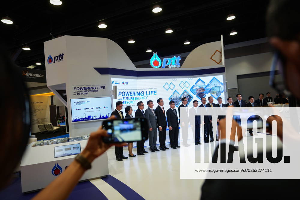 Delegates pose for a photo at the booth of Thailand s state owned PTT Group during the LNG2023 conference, in Vancouver, B.C., Monday, July 10, 2023. VANCOUVER CANADA - ZUMAc35_ 20230710_zaf_c35_131