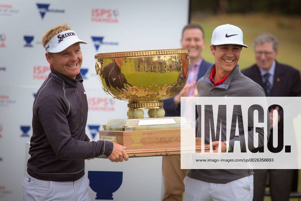 MELBOURNE, VIC - NOVEMBER 27: Soren Kjeldsen of Denmark and Thorbjorn Olesen of Denmark raise the trophy for winning the ISPS HANDA World Cup of Golf on the final day of the ISPS HANDA World Cup of Golf on November 27, 2016, at Kingston Heath Golf Club in Melbourne, Australia. (Photo by Jason Heidrich Icon Sportswire) GOLF: NOV 27 World Cup of Golf - Final Round Icon161127107
