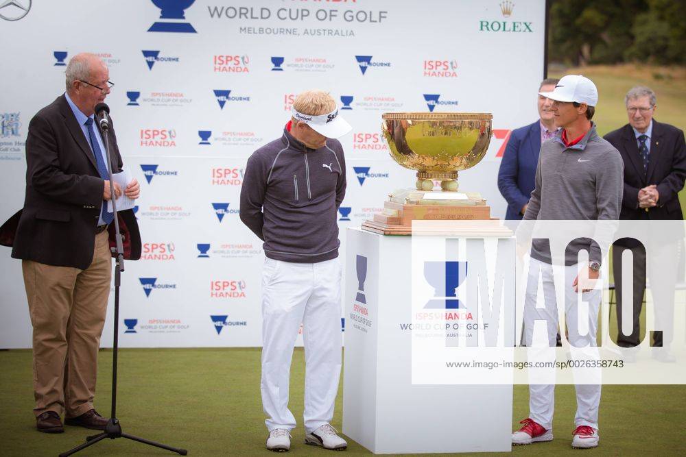 MELBOURNE, VIC - NOVEMBER 27: Soren Kjeldsen of Denmark and Thorbjorn Olesen of Denmark get ready to raise the trophy for winning the ISPS HANDA World Cup of Golf on the final day of the ISPS HANDA World Cup of Golf on November 27, 2016, at Kingston Heath Golf Club in Melbourne, Australia. (Photo by Jason Heidrich Icon Sportswire) GOLF: NOV 27 World Cup of Golf - Final Round Icon161127105
