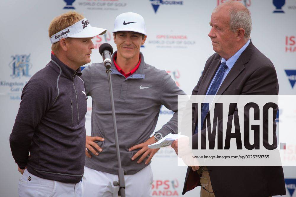 MELBOURNE, VIC - NOVEMBER 27: Soren Kjeldsen of Denmark speaks with the MC during the championship ceremonyon the final day of the ISPS HANDA World Cup of Golf on November 27, 2016, at Kingston Heath Golf Club in Melbourne, Australia. (Photo by Jason Heidrich Icon Sportswire) GOLF: NOV 27 World Cup of Golf - Final Round Icon161127103