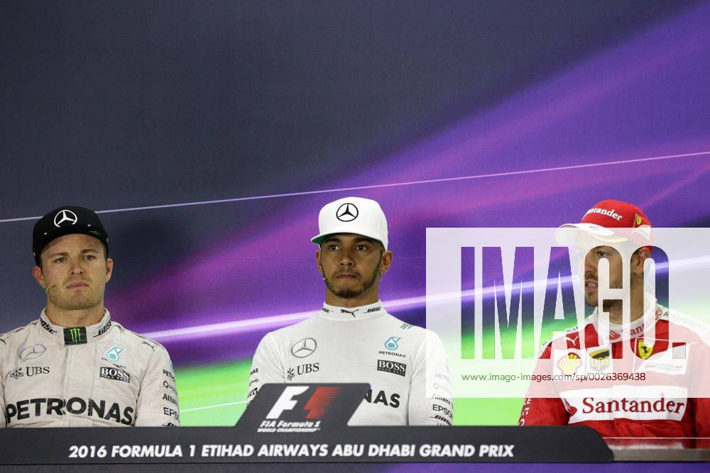 Abu Dhabi Grand Prix, UAE 24 - 27 November 2016 27.11.2016 - Race, press conference PK Pressekonferenz Nico Rosberg (GER) Mercedes AMG F1 W07 Hybrid, Lewis Hamilton (GBR) Mercedes AMG F1 W07 Hybrid and Sebastian Vettel (GER) Scuderia Ferrari SF16-H