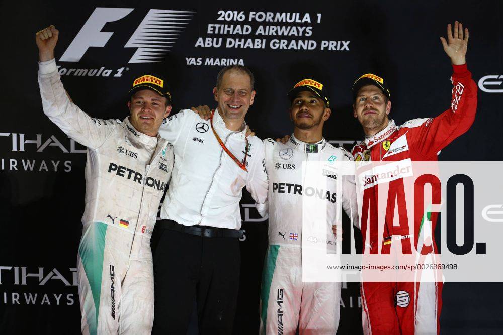 Abu Dhabi Grand Prix, UAE 24 - 27 November 2016 27.11.2016 - Race, 2nd place Nico Rosberg (GER) Mercedes AMG F1 W07 Hybrid and Champion 2016, Lewis Hamilton (GBR) Mercedes AMG F1 W07 Hybrid race winner and 3rd place Sebastian Vettel (GER) Scuderia Ferrari SF16-H