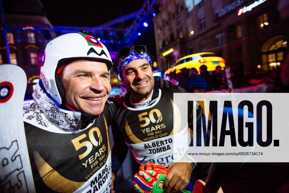 Zagreb, Croatia - Alberto Tomba from ITA and Marc Girardelli from AUT during ski race winners of the FIS World Cup on the slopes of the Zagreb cathedral to the square Ban Jelacic Square, in Zagreb, Croatia, on January 4, 2017. FIS World Cup 2017 - ZUMAn230 20170104_zaa_n230_172