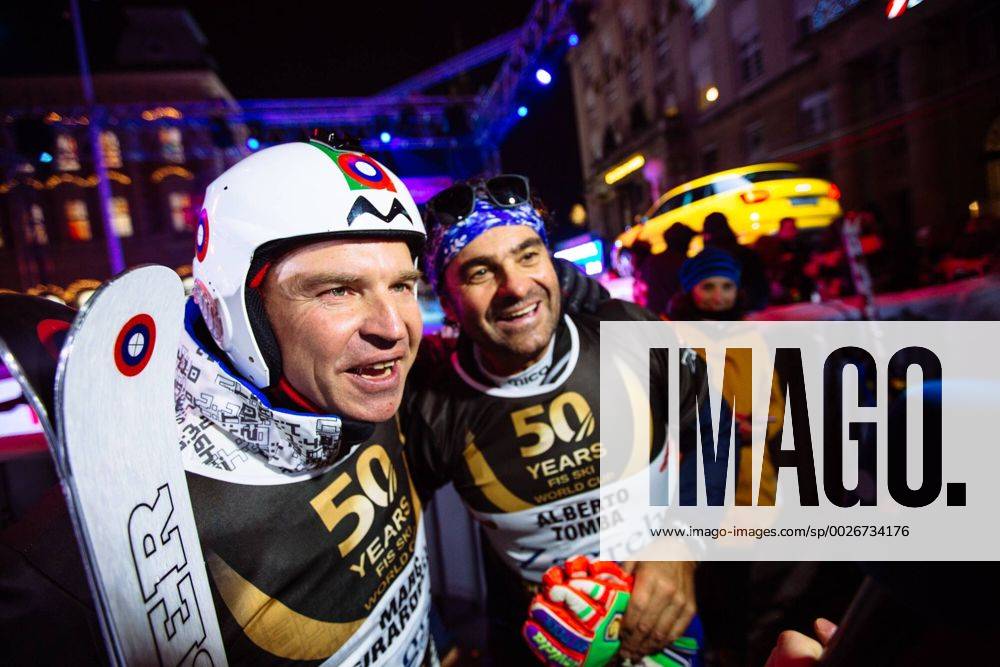 Zagreb, Croatia - Alberto Tomba from ITA and Marc Girardelli from AUT during ski race winners of the FIS World Cup on the slopes of the Zagreb cathedral to the square Ban Jelacic Square, in Zagreb, Croatia, on January 4, 2017. FIS World Cup 2017 - ZUMAn230 20170104_zaa_n230_174