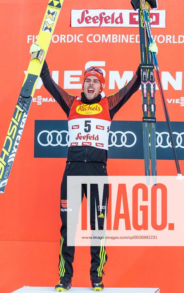 Casino Arena, Seefeld, AUT, FIS Weltcup Nordische Kombination, Seefeld Triple, Siegerehrung, 1. Tag, im Bild Sieger Johannes Rydzek (GER) Winner Johannes Rydzek of Germany celebrate on Podium after the 1st Day of the FIS Nordic Combined World Cup Seefeld Triple at the Casino Arena in Seefeld, Austria on 2017 01 27. Seefeld EP_fei