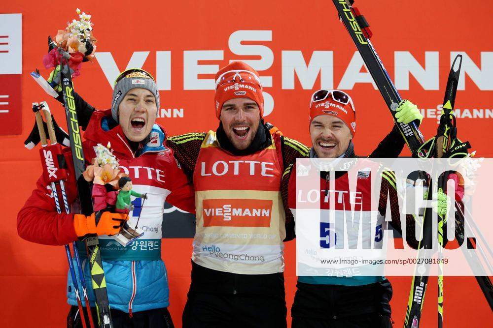 - SPORT NORDIC COMBINED - FIS WC Pyeongchang PYEONGCHANG,SOUTH KOREA,04.FEB.17 - NORDIC SKIING, NORDIC COMBINED, CROSS COUNTRY SKIING - FIS World Cup Pyeongchang, 15km Gundersen, men, award ceremony. Image shows the rejoicing of Mario Seidl (AUT), Johannes Rydzek and Fabian Riessle (GER). GEPAxpictures xDanielxGoetzhaber