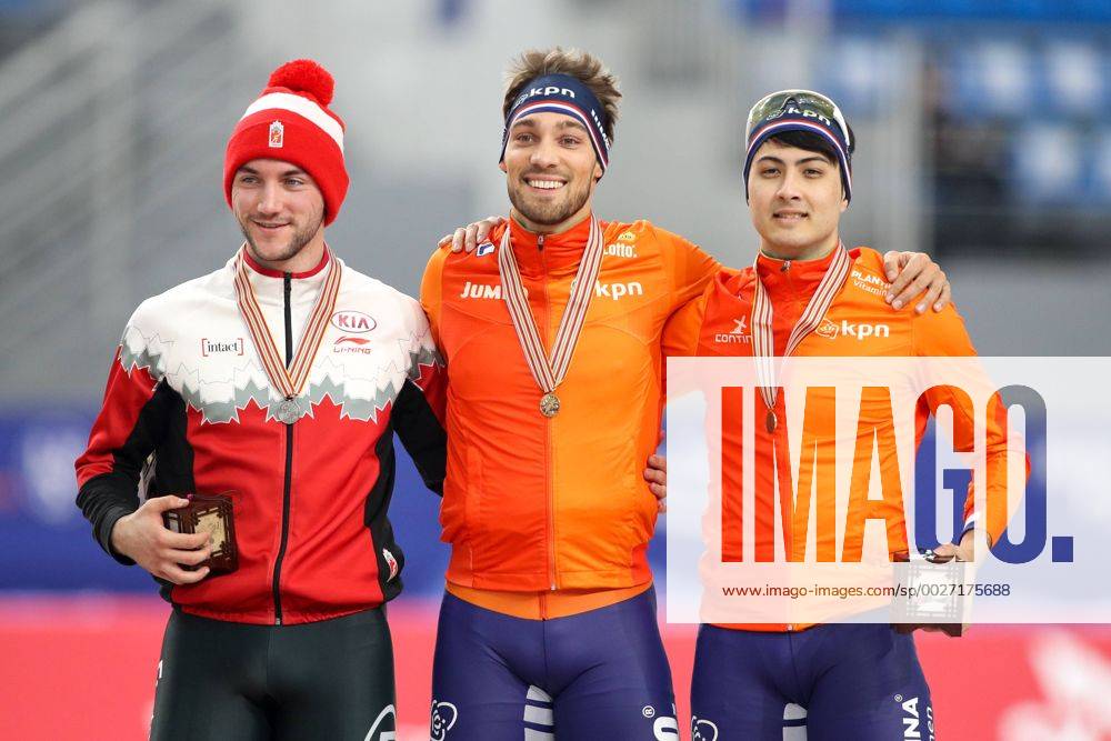 Speed skating Eisschnelllauf - ISU World Cup PyeongChang PYEONGCHANG,SOUTH KOREA,11.FEB.17 - SPEED SKATING - ISU World Cup, 1000 men, medal ceremony. Image shows Vincent De Haitre (CAN), Kjeld Nuis (NED) and Kai Verbij (NED). GEPAxpictures Klansek