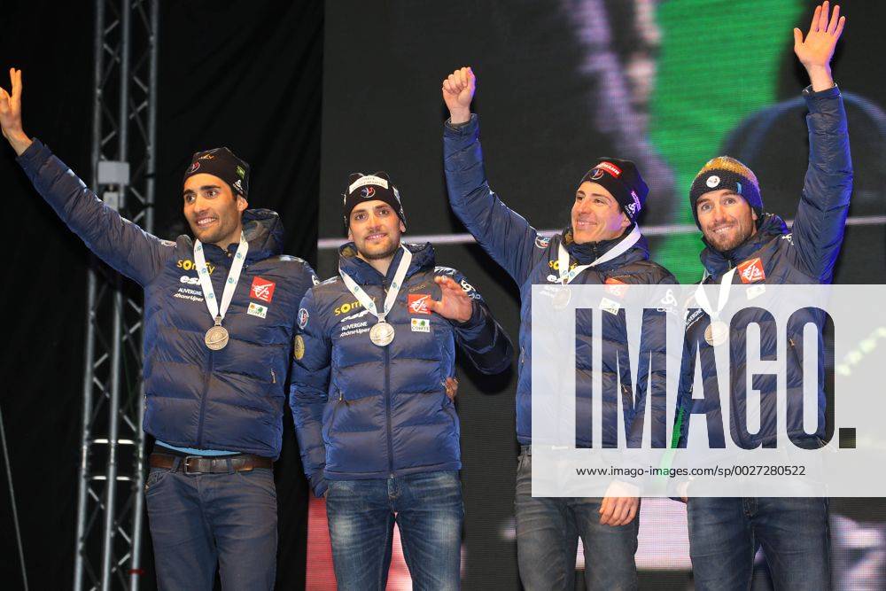 BIATHLON - IBU World Championships Hochfilzen HOCHFILZEN,AUSTRIA,18.FEB.17 - BIATHLON - IBU World Championships, relay men, award ceremony. Image shows Martin Fourcade, Simon Desthieux, Quentin Fillion Maillet and Jean Guillaume Beatrix (FRA). Keywords: medal. GEPAxpictures xMathiasxMandl
