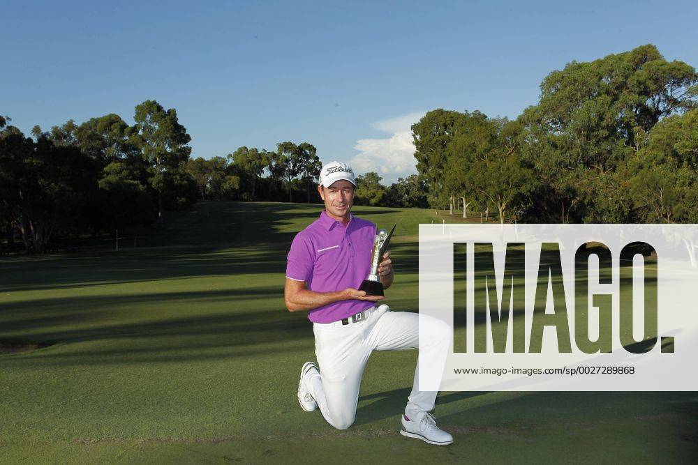 February 19th 2017, Lake Karrinyup Country Club, Perth, Western Australia, Australia; ISPS Handa World Super 6 Perth Golf Tournament Day 4; Brett Rumford (AUS) holds the winners trophy after beating Phachara Khongwatmai (THA) Woodleyx ActionPlus11848430