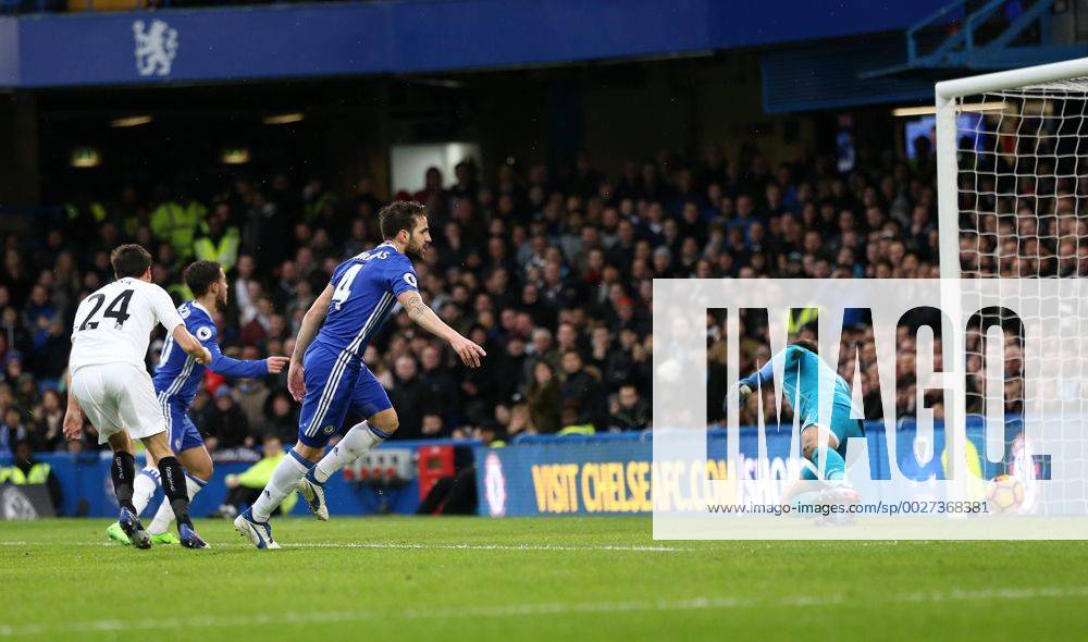 Chelsea s Cesc Fabregas scoring his sides opening goal during the Premier League match at the Stamford Bridge Stadium, London. Picture date February 25th, 2017 Pic David Klein Sportimage .