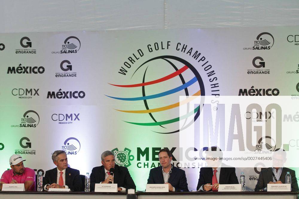 (L-R) Mexican golfer Roberto Diaz, Chief of Mexico City s Government Miguel Angel Mancera, Commissioner of the PGA Golf Herren Tour Jay Monahan, Executive Director of TV Azteca Benjamin Salinas, Mexican Tourism Secretary Enrique de la Madrid and Operations Director if the World Golf Championship Bernardo Villacencias speak during a press conference PK Pressekonferenz before the Mexico Golf Championship at the Chapultepec Club in Mexico City, Mexico, 01 March 2017. The competition will be celebrated between the 2 and 5 March. MEXICO GOLF CHAMPIONSHIP !ACHTUNG: NUR REDAKTIONELLE NUTZUNG!