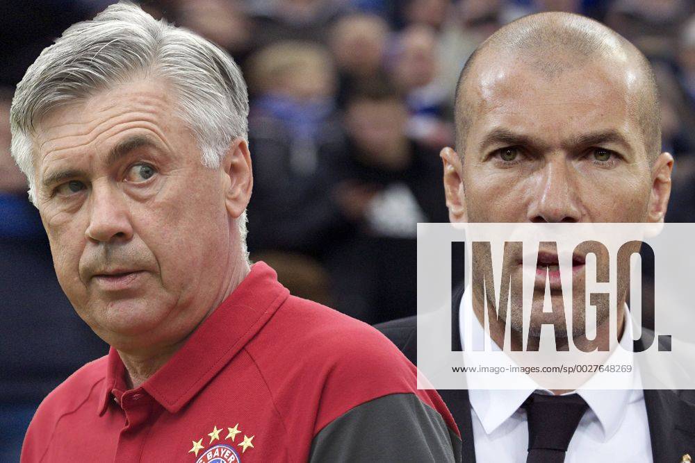 Kracher-Los für den FC Bayern. Der Rekordmeister trifft im Champions-League-Viertelfinale auf Titelverteidiger Real Madrid..FOTOMONTAGE; v.li:Carlo ANCELOTTI (Trainer FCB) trifft auf seinen ehemaligen Co Trainer Zinedine ZIDANE (Trainer Madrid).