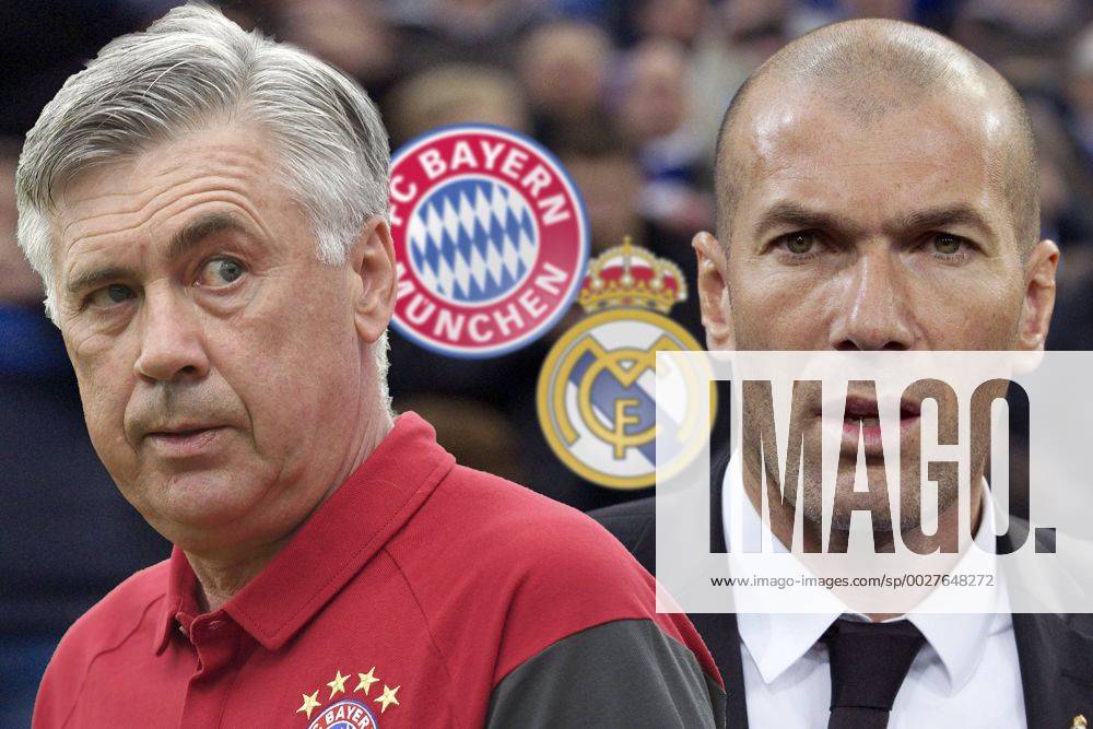 Kracher-Los für den FC Bayern. Der Rekordmeister trifft im Champions-League-Viertelfinale auf Titelverteidiger Real Madrid..FOTOMONTAGE; v.li:Carlo ANCELOTTI (Trainer FCB) trifft auf seinen ehemaligen Co Trainer Zinedine ZIDANE (Trainer Madrid).