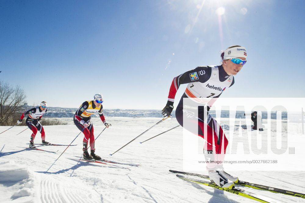 Marit Björgen, Norge, Heidi Weng, Norge, och Ingvild Flugstad Östberg, Norge, under skidloppet över 10 km klassisk stil under världscuptävlingen den 18 mars 2017 i Quebec.