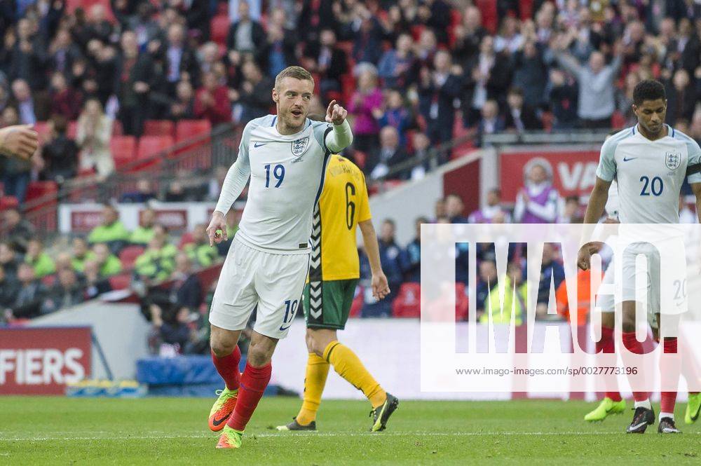 Jamie Vardy of England celebrates scoring during the 2018 World Cup Qualifier Group F match between England and Lithuania at Wembley Stadium, London, England on 26 March 2017.