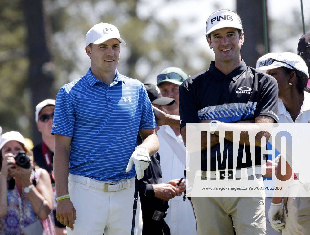 Bubba Watson and Jordan Spieth wait to hit a tee shot while playing a practice round at the 2017 Masters Tournament at Augusta National Golf Club in Augusta, Georgia on April 2, 2017. AUG20170402111 JOHNxANGELILLO
