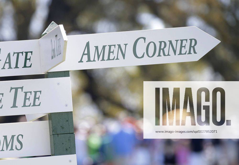 A sign points out the direction to Amen Corner at the 2017 Masters Tournament at Augusta National Golf Club in Augusta, Georgia on April 2, 2017. AUG20170402114 JOHNxANGELILLO