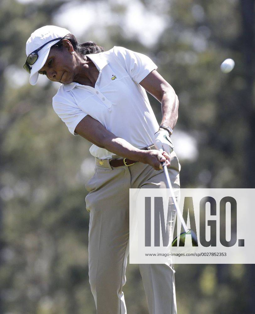 Former United States Secretary of State Condoleezza Rice hits a tee shot at a practice round at the 2017 Masters Tournament at Augusta National Golf Club in Augusta, Georgia on April 2, 2017. AUG20170402102 JOHNxANGELILLO