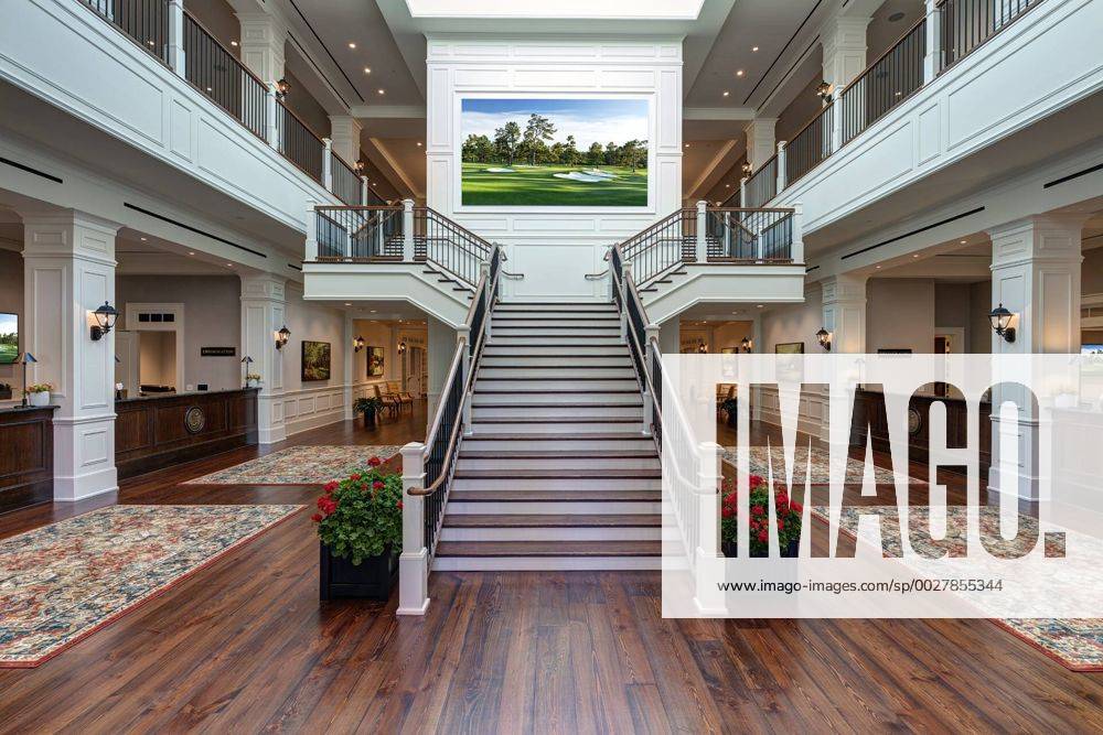 The grand staircase welcomes press into the new Press Building at Augusta National Golf Club. The new facility boasts a state of the art Working Arena and Interview Room, expanded suites for television, radio and photographers, new gentlemen and ladies locker rooms and a full-service restaurant. AUG20170402141 MILLERxBROWN