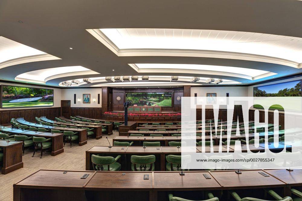 A view of the Interview Room in the new Press Building at Augusta National Golf Club. The new facility boasts a state of the art Working Arena and Interview Room, expanded suites for television, radio and photographers, new gentlemen and ladies locker rooms and a full-service restaurant. AUG20170402144 MILLERxBROWN