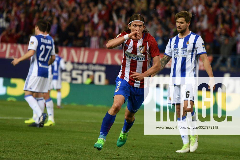 Spain: Atletico de Madrid vs Real Sociedad Filipe Luis (center) of Atlético de Madrid celebrates after scoring a goal during the La Liga match between Club Atletico de Madrid and Real Sociedad at Vicente Calderón stadium in Madrid. Atletico de Madrid beat Real Sociedad 1-0. JorgexSanz PacificxPress