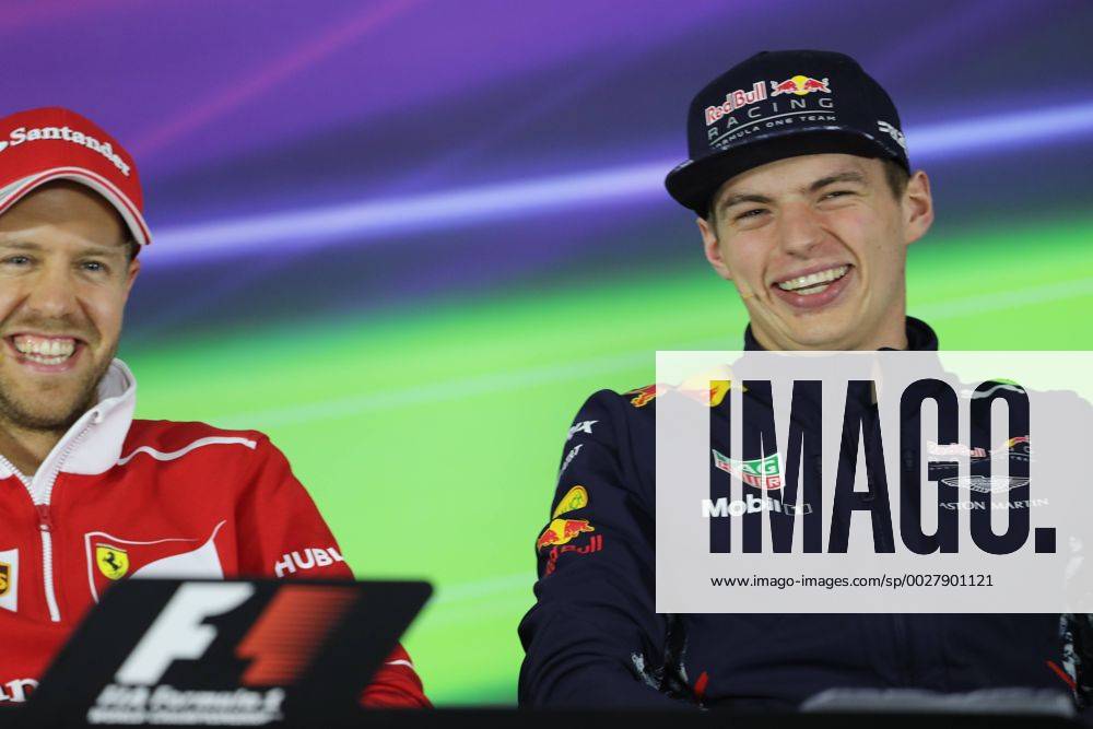 German F1 driver Sebastian Vettel of Ferrari, left, and Dutch F1 driver Max Verstappen of of Red Bull Racing attend a press conference PK Pressekonferenz ahead of the 2017 Formula One Chinese Grand Prix at the Shanghai International Circuit in Shanghai, China, 6 April 2017. F1 drivers attend press conference for 2017 Formula One Chinese Grand Prix 20170406_09345