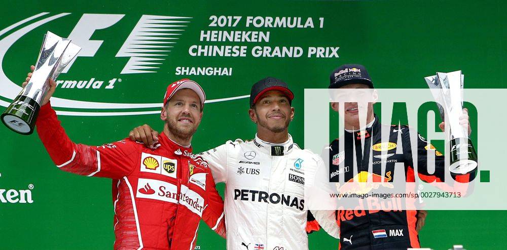 (170409) -- SHANGHAI, April 9, 2017 -- Mercedes driver Lewis Hamilton (C)of Britain, Ferrari driver Sebastian Vettel(L) of Germany and Red Bull Racing driver Max Verstappen of the Netherlands celebrate on the podium after the Formula One Chinese Grand Prix at the Shanghai International Circuit in Shanghai, east China, April 9, 2017. ) (SP)CHINA-SHANGHAI-F1-2017 CHINESE GRAND PRIX(CN) fanxjun