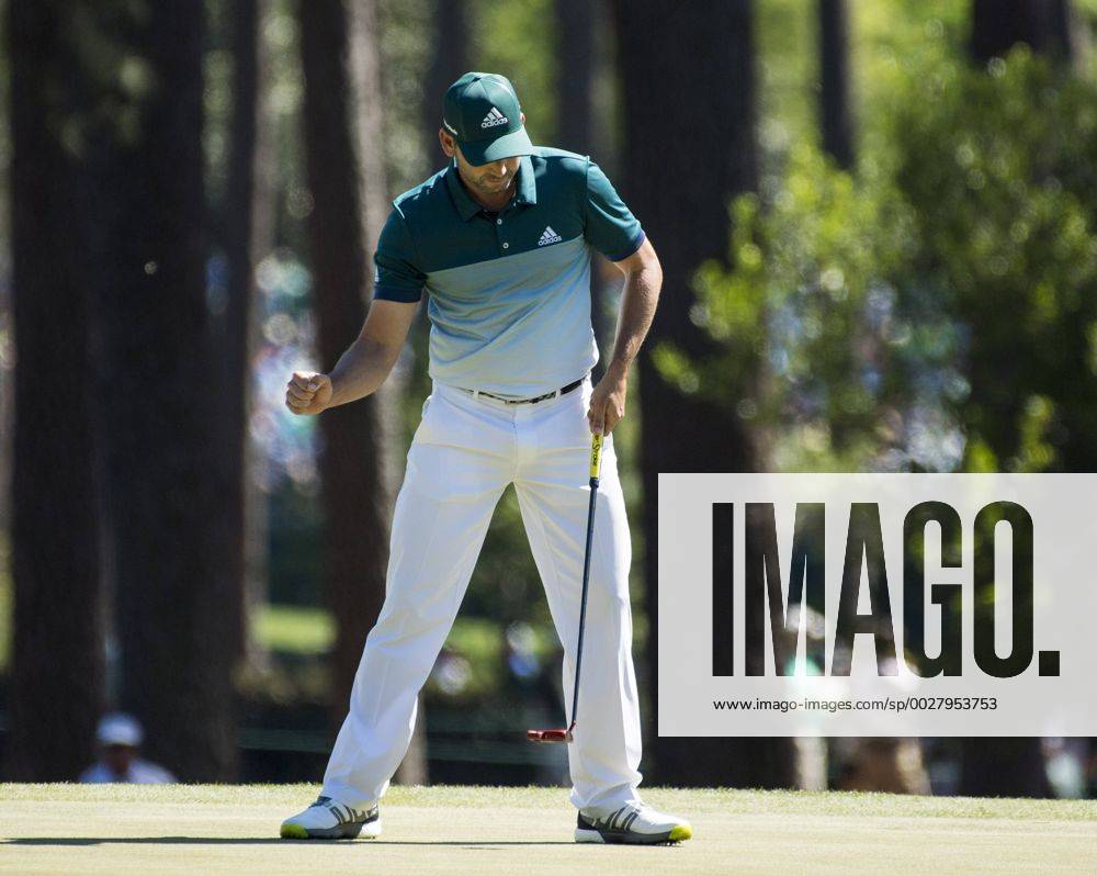 Sergio Garcia celebrates after making a putt for birdie on the 3rd green during the fourth round of the 2017 Masters Tournament at Augusta National Golf Club in Augusta, Georgia on April 9, 2017. AUG20170409308 KEVINxDIETSCH
