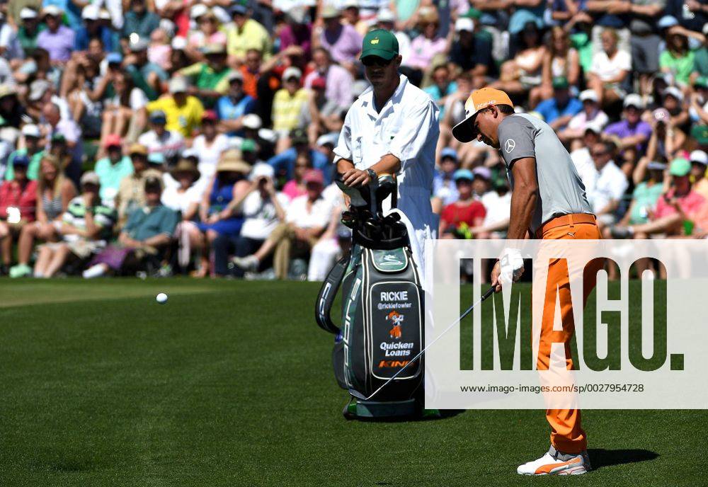 Augusta, GA, USA - Rickie Fowler chips his ball onto the second green during the final round of the Masters Tournament on Sunday, April 9, 2017 at Augusta National Golf Club in Augusta, Ga. 2017 Masters Round 4 - ZUMAm67_ 20170409_zaf_m67_031