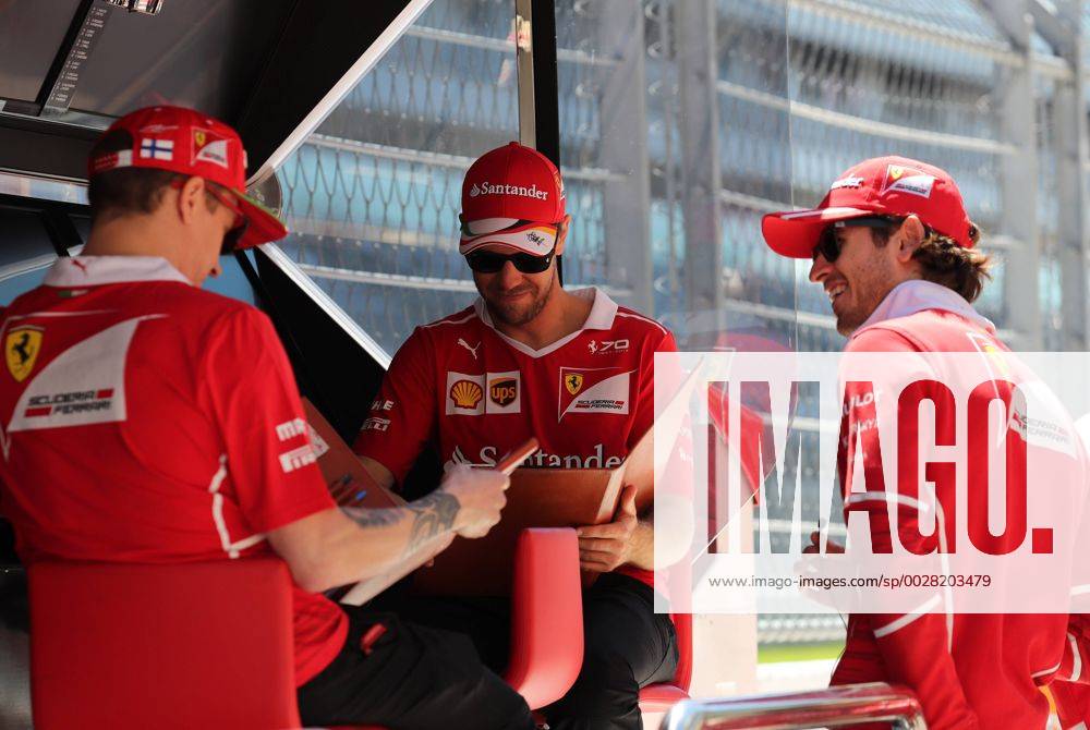 Russian Grand Prix, Sochi 27 - 30 April 2017 27.04.2017 - Kimi Raikkonen (FIN) Scuderia Ferrari SF70H, Sebastian Vettel (GER) Scuderia Ferrari SF70H and Antonio Giovinazzi (ITA) Test Driver, Scuderia Ferrari