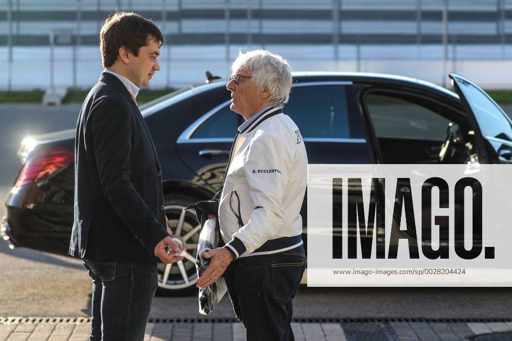 Bernard Charles Bernie Ecclestone (R), president of the Formula One Management and Formula 1 Administration (FOA), and Formula 1 Russian Grand Prix promoter Sergey Vorobyev talking in a paddock at the Sochi Autodrom racing circuit ahead of the 2017 Formula One Russian Grand Prix. Vyacheslav Prokofyev TASS TS049E6F