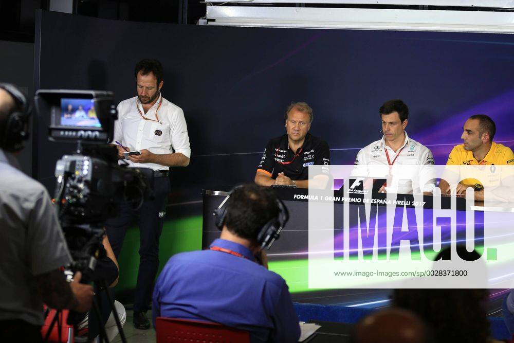 May 12th 2017, Circuit de Barcelona, Catalunya, Spain; Spanish Formula One Grand Prix; Friday Practice; Cyril Abiteboul - Managing Director of Renault Racing Formula 1 Team, Robert Fernley - Deputy Team Principal of Sahara Force India and Toto Wolff - Executive Director & Head of Mercedes-Benz Motorsport xLeannexBoonx ActionPlus11878400