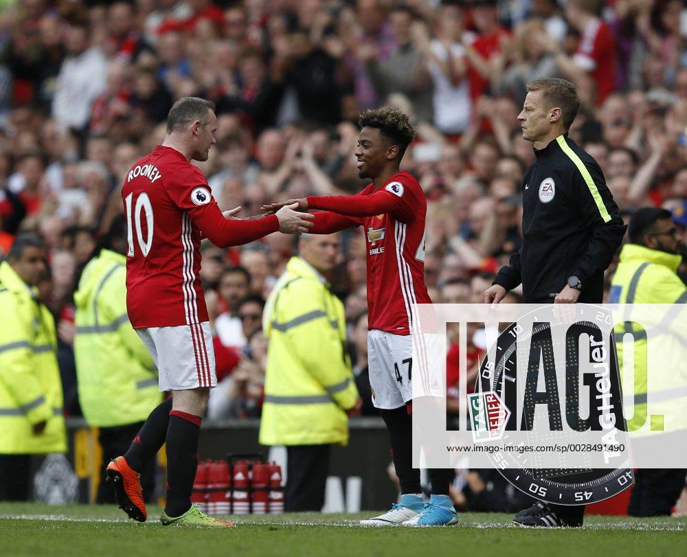 Wayne Rooney of Manchester United ManU is replaced by 16 year old Angel Gomes of Manchester United during the English Premier League match at the Old Trafford Stadium, Manchester. Picture date: May 21st 2017. Pic credit should read: Simon Bellis Sportimage .