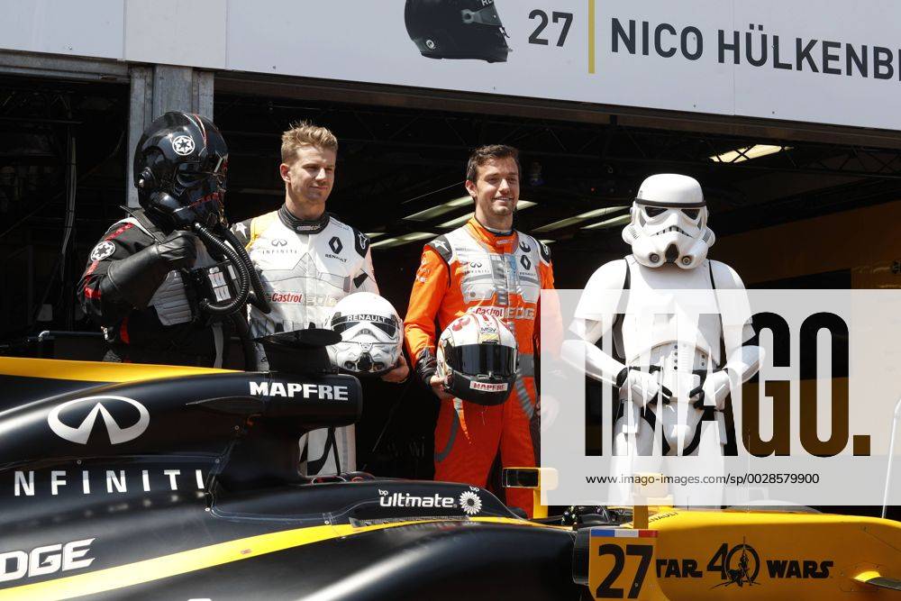 Motorsports: FIA Formula One World Championship WM Weltmeisterschaft 2017, Grand Prix of Monaco, Renault Team celebrates with characters from Star Wars 40 years since the first film release, 27 Nico Hulkenberg (GER, Renault F1 Team), 30 Jolyon Palmer (GBR, Renault Sport F1 Team), Monte Carlo Monaco ZWEIx