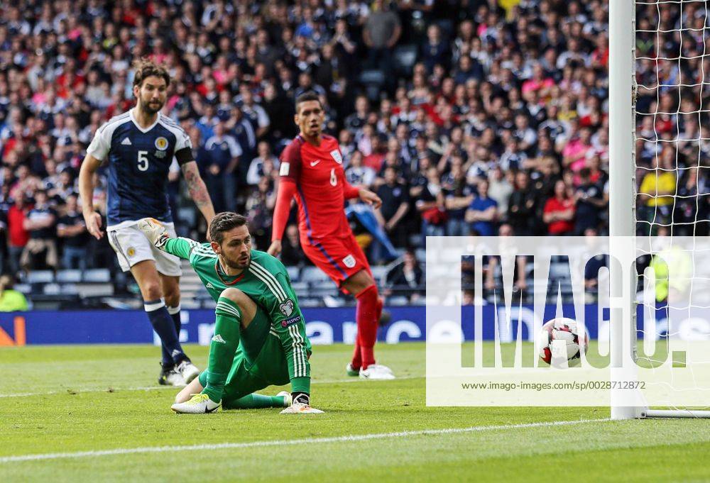 Scotland s Craig Gordon can only watch as England s opening goal goes in during the FIFA World Cup WM Weltmeisterschaft Fussball Qualifying match at Hampden Park Stadium, Glasgow Picture date 10th June 2017. Picture credit should read: David Klein Sportimage .