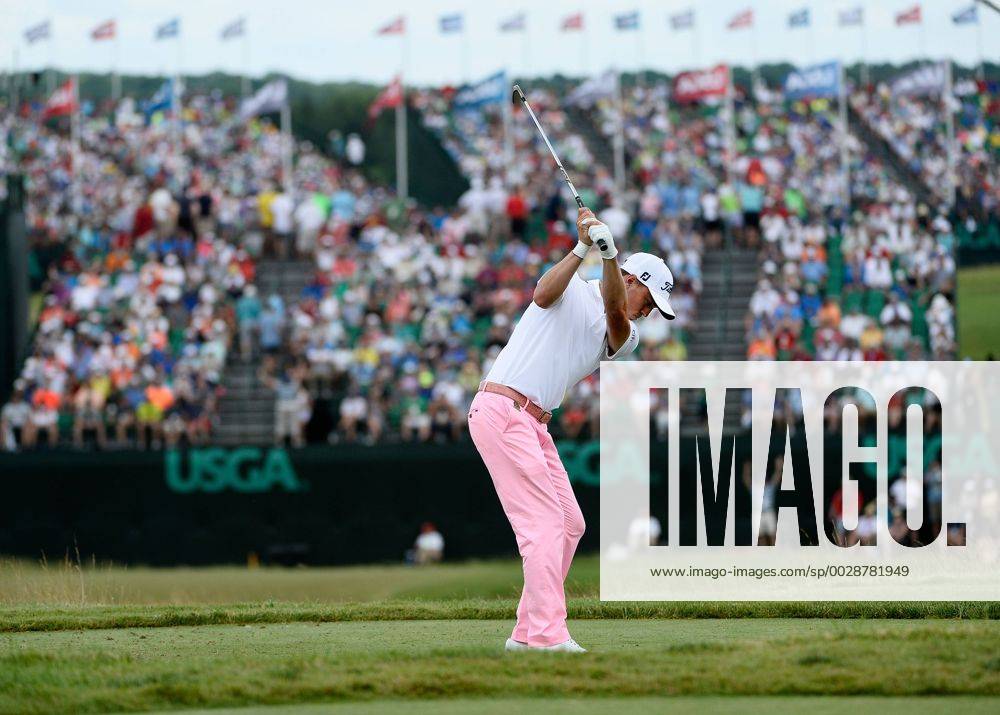 Justin Thomas tees off on the 9th hole during round 3 of the 117th U.S. Open golf tournament at Erin Hill golf course on June 17, 2017 in Erin, Wisconsin. WIS20170617103 BRIANxKERSEY
