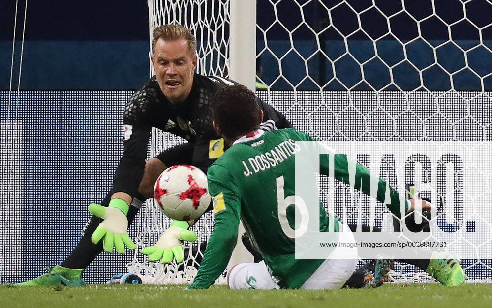 Germany s goalkeeper Marc-Andre ter Stegen (L) and Mexico s Jonathan dos Santos in action in their 2017 FIFA Confederations Cup semifinal football match at Fisht Stadium. Artyom Korotayev TASS TS0557FA