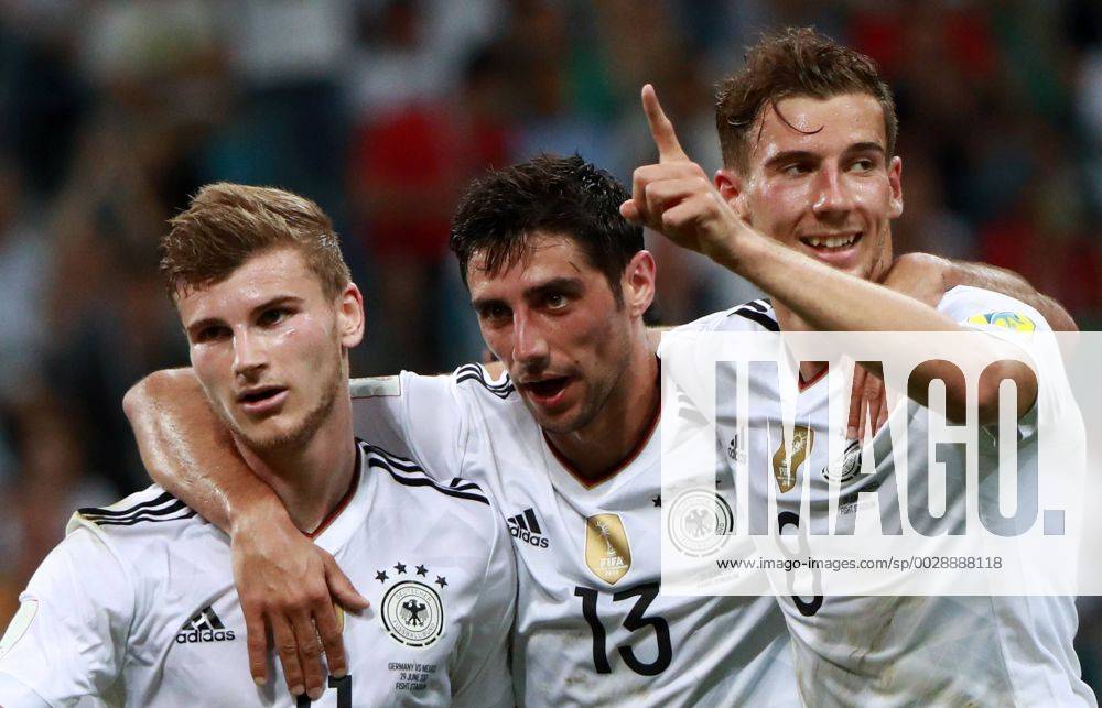 Germany s Timo Werner, Lars Stindl, and Leon Goretzka (L-R) celebrate scoring in their 2017 FIFA Confederations Cup semifinal football match against Mexico at Fisht Stadium. Sergei Fadeichev TASS TS055835