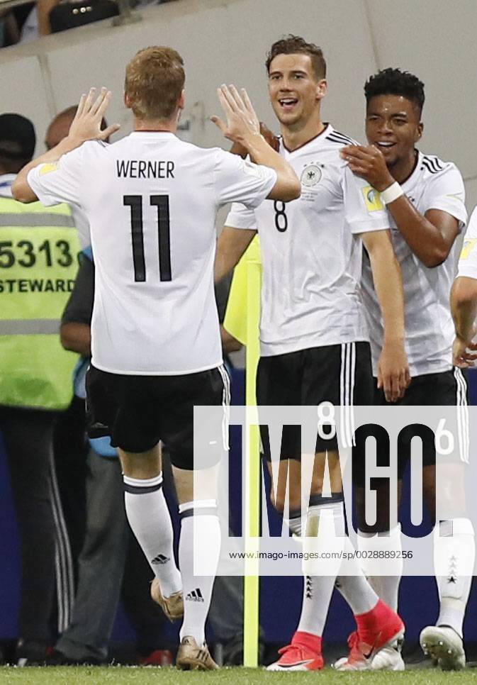 Soccer: Germany set up Confederations Cup final with Chile Leon Goretzka (8) is congratulated by Germany teammates Benjamin Henrichs (6) and Timo Werner after scoring his second goal during the first half of a 4-1 win over Mexico in their Confederations Cup semifinal in Sochi, Russia, on June 29, 2017. Germany will face Chile in the July 2 final.