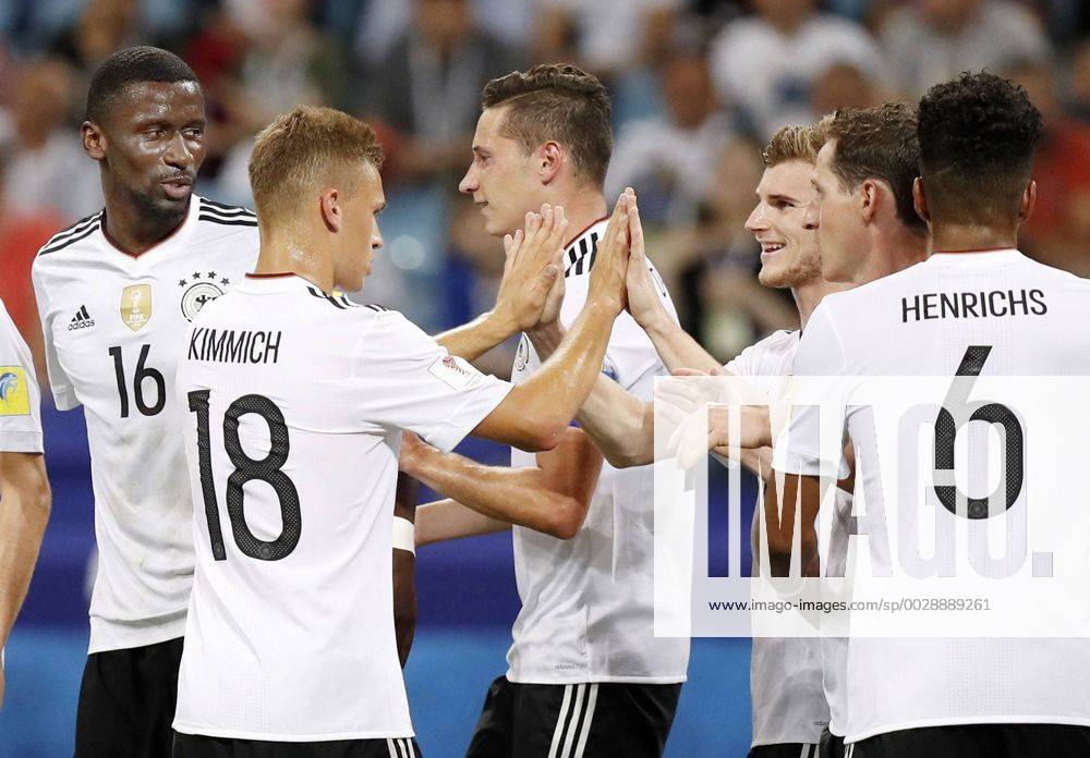 Soccer: Germany set up Confederations Cup final with Chile Timo Werner (3rd from R) of Germany celebrates with teammate Joshua Kimmich (18) after scoring the team s third goal during the second half of a Confederations Cup semifinal against Mexico in Sochi, Russia, on June 29, 2017. Germany won 4-1 and will face Chile in the July 2 final.