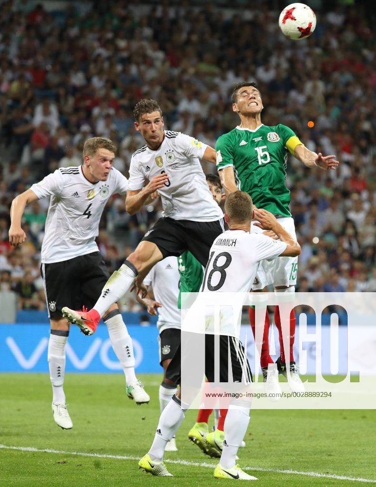 (170629) -- SOCHI, June 29, 2017 -- Leon Goretzka (2nd L) of Germany competes for a header with Hector Moreno (1st R) of Mexico during the semifinal match between Germany and Mexico of the 2017 FIFA Confederations Cup in Sochi, Russia, on June 29, 2017. Germany won 4-1. ) (SP)RUSSIA-SOCHI-SOCCER-FIFA-CONFEDERATIONS CUP-GER VS MEX XuxZijian