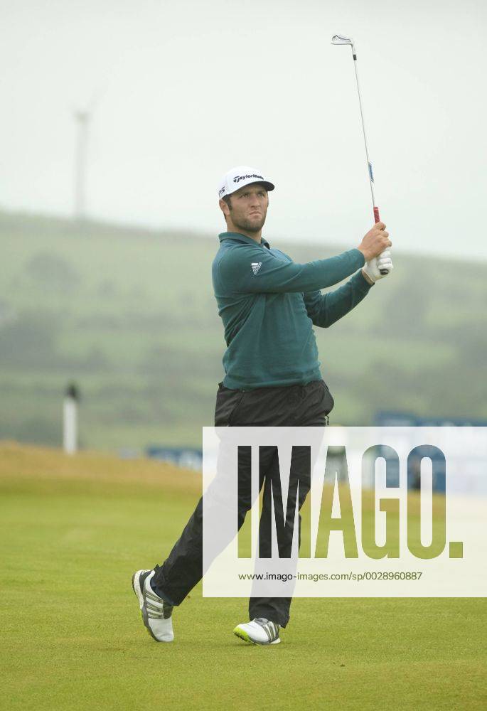 July 7th 2017, Portstewart Golf Club, Portstewart, Northern Ireland; Dubai Duty Free Irish Open Golf Championship, Day 2; John Rahm (USA) plays his second shot on the 18th during the second round of the Dubai Duty Free Irish Open Cookex ActionPlus11898560