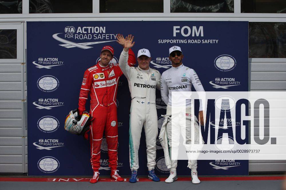 Austrian Grand Prix, Red Bull Ring 06 - 09 July 2017 08.07.2017- Qualifying Celebration Pole Valtteri Bottas (FIN) Mercedes AMG F1 W08, 2nd placeSebastian Vettel (GER) Scuderia Ferrari SF70H 3rd place Lewis Hamilton (GBR) Mercedes AMG F1 W08