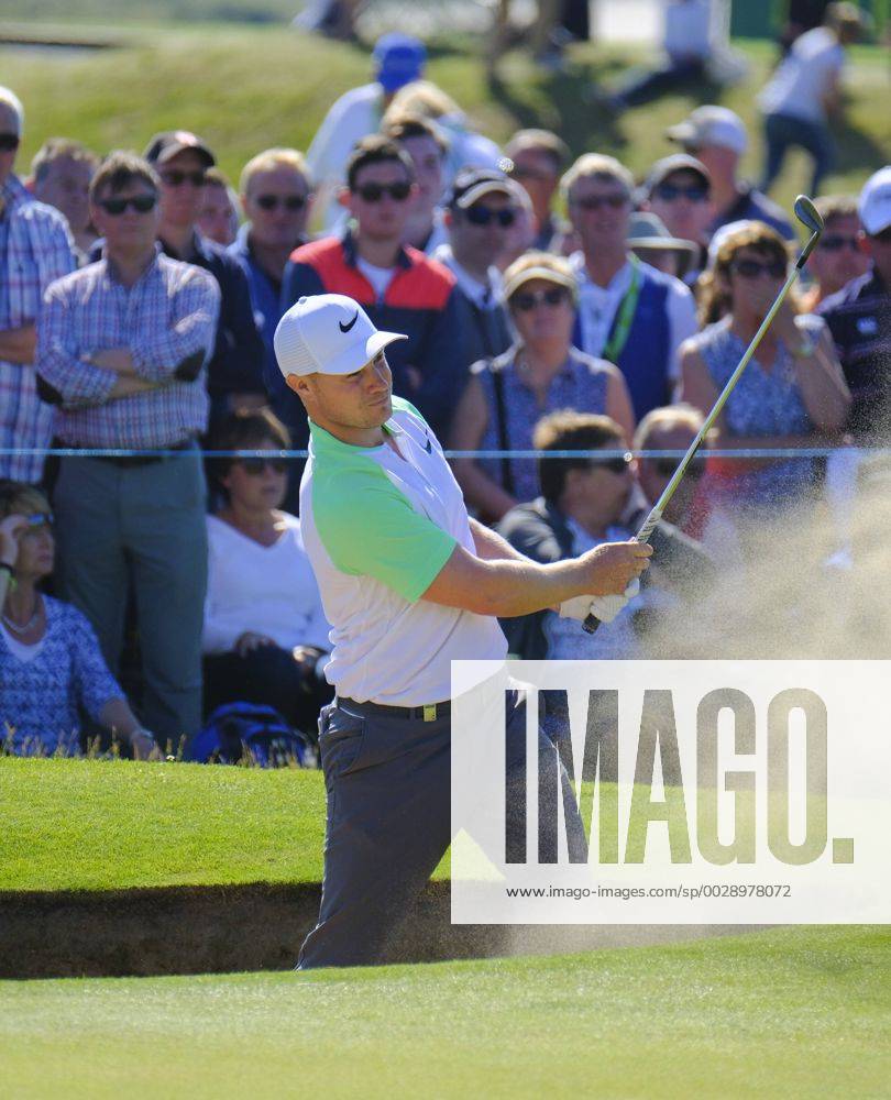 July 8th 2017, Portstewart Golf Club, Portstewart, Northern Ireland; Dubai Duty Free Irish Open Golf Championship, Day 3; Oliver Fisher (ENG) chips out of the 18th green bunker during the third round of the Dubai Duty Free Irish Open Cookex ActionPlus11899102