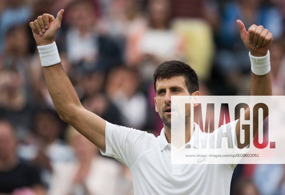 (170712) -- LONDON, July 12, 2017 -- Novak Djokovic of Serbia celebrates after the men s singles fourth round match with Adrian Mannarino of France at the Championship Wimbledon 2017 in London, Britain on July 11, 2017. Novak Djokovic won 3-0. )(wll) (SP)BRITAIN-LONDON-TENNIS-WIMBLEDON-DAY 8 JinxYu