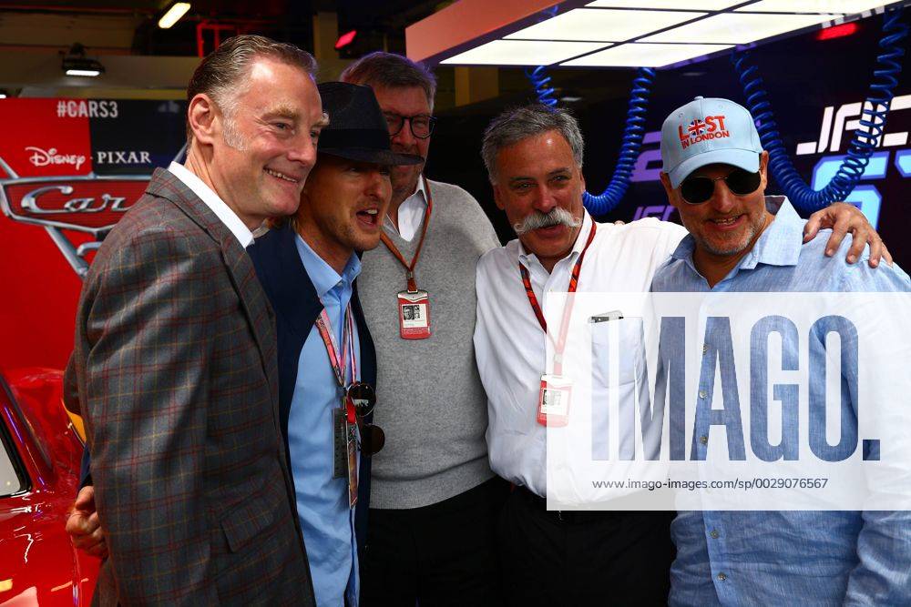 British Grand Prix, Silverstone 13 - 16 July 2017 16.07.2017 - (L to R): Sean Bratches (USA) Formula 1 Managing Director, Commercial Operations; Owen Wilson (USA) Actor; Ross Brawn (GBR) Managing Director, Motor Sports; Chase Carey (USA) Formula One Group Chairman; and Woody Harrelson (USA) Actor.