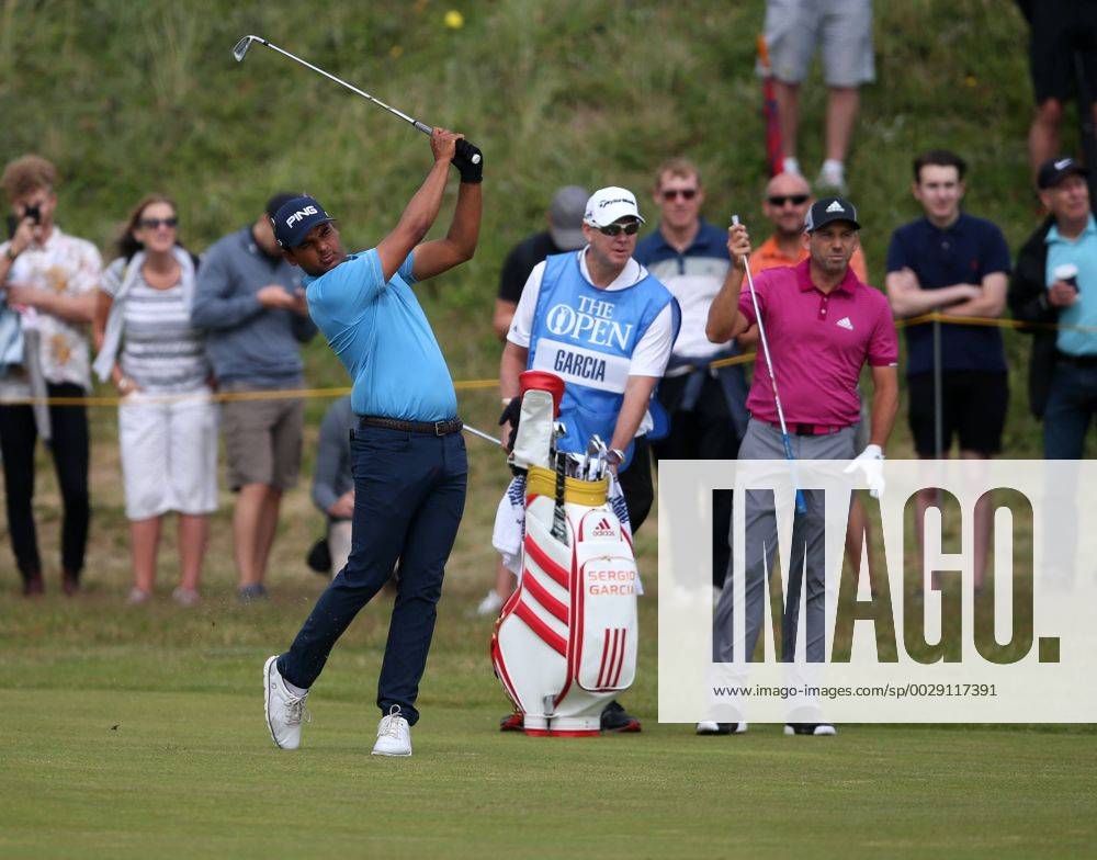 July 19th 2017, Royal Birkdale Golf Club, Southport, England; The 146th Open Golf Championship, Final Practice Day; Sebastian Munoz (COL) plays from the fairway of the third hole watched by Sergio Garcia (ESP) Blunsdenx ActionPlus11903709